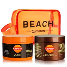 Carroten 2er Set Bräunungsbeschleuniger - Bräunungsset aus Gold Tanning Gel 150 ml und Intensive Tanning Gel 150 ml - Bräunungsgels für schnelle Bräunung, inkl. Kosmetiktasche