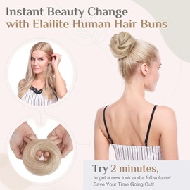 Elailite Real Hair Scrunchies For Women Human Hair Bun Straight Hair Piece Smooth Neat Remy Hair Covered Donuts Updo Chignon - #18R/613R Ash Blonde Mix Bleach Blonde