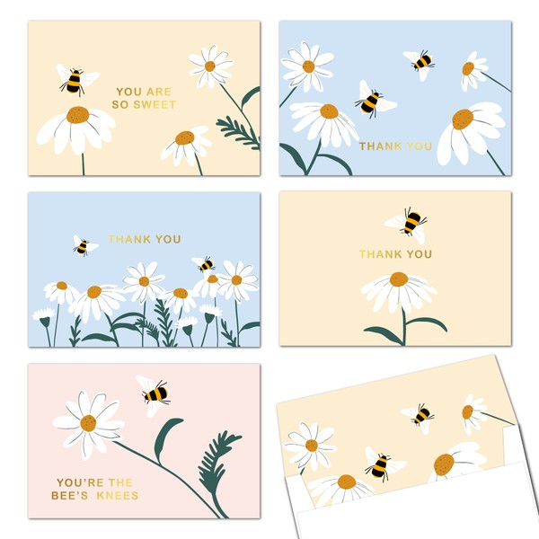 Gooji 4x6 Bee & Dasiy Gold Foil Thank You Cards (Bulk 20-Pack) Matching Peel-and-Seal Envelopes | Assorted Set, Watercolor, Birthday Party, Baby Shower, Weddings, Greeting, Blank Notes