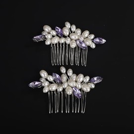 BERYUAN Purple Rhinestone Pearls Wedding Hair Comb Pearls Bridal Wedding Headpiece Dainty Pearls Hair Comb Pearls Hair Side Comb Crystal Wedding Comb for Women Girls(2pcs) (purple)