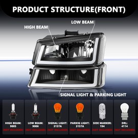 Aosky 4PCS U Shape LED DRL Headlight Assembly for 2003-2006 Chevy Silverado /03-06 Avalanche 2500(Fit No Cladding only) OE Style Black & Clear