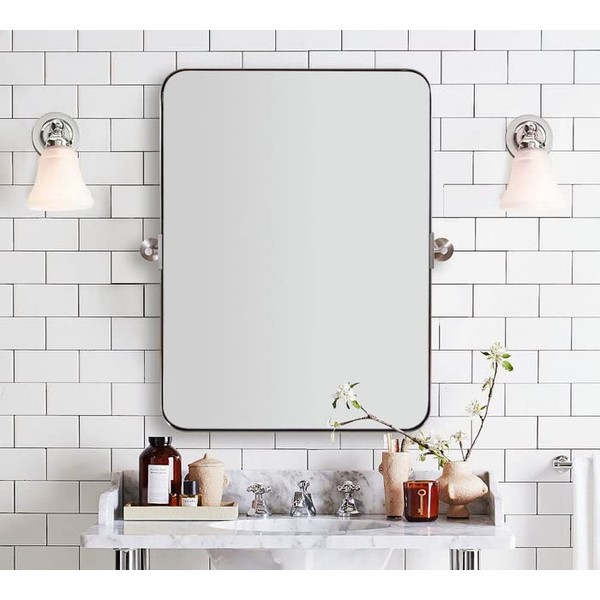 MOON MIRROR 24" x 36" Brushed Nickel Metal Framed Pivot Rectangle Bathroom Mirror, Silver Tilting Rounded Rectangular Vanity Mirror for Wall Mounted Hangs Vertical(Overall 27.75" x 36")