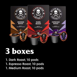 Death Wish Coffee, Single Serve Coffee - 10 Each of Medium, Dark, and Espresso Roast - Mixed Roast Variety Pack