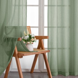 OWENIE Crushed Sage Sheer Curtains 84 Inch Length 2 Panels Set for Living Room/Bedroom, Rod Pocket Window Treatment Light Filtering Semi Sheer Crinkled Curtains, 2 pcs, Each 42" W x 84" L