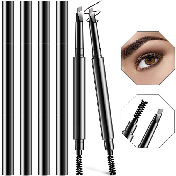 6 Packs Eyebrow Pencil Long Lasting with Brush, Waterproof Retractable Brow Pencil Mechanical Sweat-proof 2 in 1 Double Headed Brow Pencil and Brow Brush Makeup Tool (Black)
