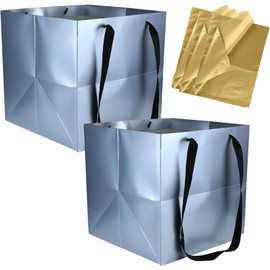 MAQMAQQ Large Square Gift Bags Square Bottom Bags with Handles for Party Favor, Birthday Gift Bag (12 x 12 x 12 in, 2 CT) (Silver (2Pcs))