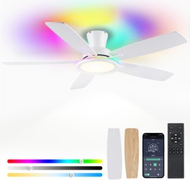 BYKISTOK Flush Mount RGB Ceiling Fan with RGB Light - 52In White Ceiling Fan Light with Reversible Mute Motor, 3CCT LED Dimmable, Low Profile Modern Ceiling Fans for Indoor, Party, Living Room