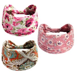 scicent Pack of 3 Headbands, Boho Bow Bandana, Knot Headwear, Retro Flower Printed Elastic Hair Band for Girls and Women, 13628