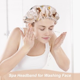 Mecool 2 Stück verstellbare Schmetterling Duschkappen für Frauen|wiederverwendbare Satin Haarkappe zum Schlafen|Duschaccessoire für Frauen|Nacht Haarkappe|Badehaar Bonet-Beige