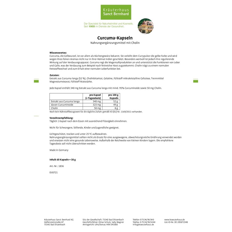 Sanct Bernhard Turmeric 60 Capsules. 1 x 38g)