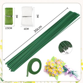 Barlone Flower Wire, Pack of 50, Green Flower Wire, 30 cm Florist Wire Length, 2 mm Diameter, Floristry Wire for Flower Crafts, with 2 Pieces Flower Packaging Tape, 1 Piece Flower Ribbon, Floristry