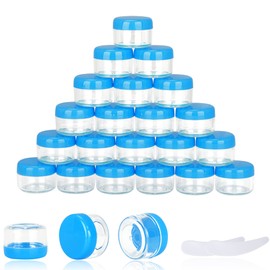 25PCS 5 Gram Sample Containers, 5ml Empty Jars with Lids, Small Cosmetic Containers, Mini Sample Jars with 2PCS Mini Spatulas for Make Up, Oils, Lotion, Powder, Paint, Jewelry, Lip Balms(Blue Lid)