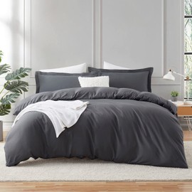 Hearth & Harbor 3Pc Dark Grey Duvet Cover Set, Full Size, Soft Brushed Microfiber, 1 Duvet Cover 80x90in, 2 Pillow Shams, Button Closure