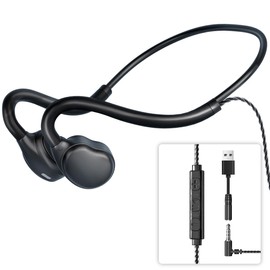 3.5mm Open Ear Headphones Wired headphones with Mic, 3.5mm+USB Connection, Air Conduction Wired Headset with Premium Sound Ultra-Light USB Headset Perfect for Phones Tablets PC Speakers -Black