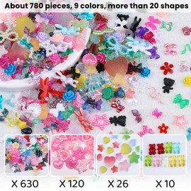 Kikonoke 3D Nail Charms Set 9 Colors Flower Butterfly Bow Rabbit Nail Gems Big Bear and Heart Nail Jewels Pearls for Nail Art, Craft and Decoration with Tweezer and Brush