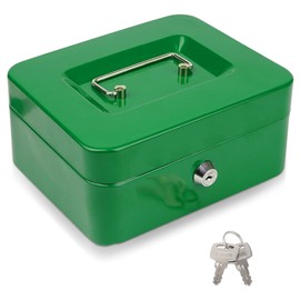 POLSPAG Cash Box with Key Lock Metal Money Box with Removable Coin Tray Medium Safe Lock Box Durable Money Saving Organizerfor Security Lock Safe Box for Office Small Business 7.87 x 6.3 x 3.54 inches