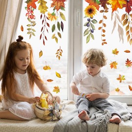 JarThenaAMCS 9 Sheet Fall Sunflower Window Clings Hanging Maple Leaves Flower Vine Window Stickers Double-Side Floral Glass Decals for Autumn Thanksgiving Home Harvest Party Shop Display Decoration