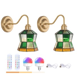Shenmoyl Vintage Battery Operated Wall Sconce Set of 2 with Remote, Rechargeable Wall Lamp 3 Colors Dimmable, Brass Lights Fixture for Bedroom Bathroom Living Room Hallway Polygonal Checker