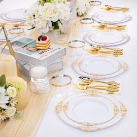 Hioasis 350PCS White and Gold Plastic Plates & Gold Plastic Silverware&Disposable Dinnerware Set - Include 50Dinner Plates,50Dessert Plates,50Forks,50Spoons,50Knives,50Cups,50Napkins for Party.