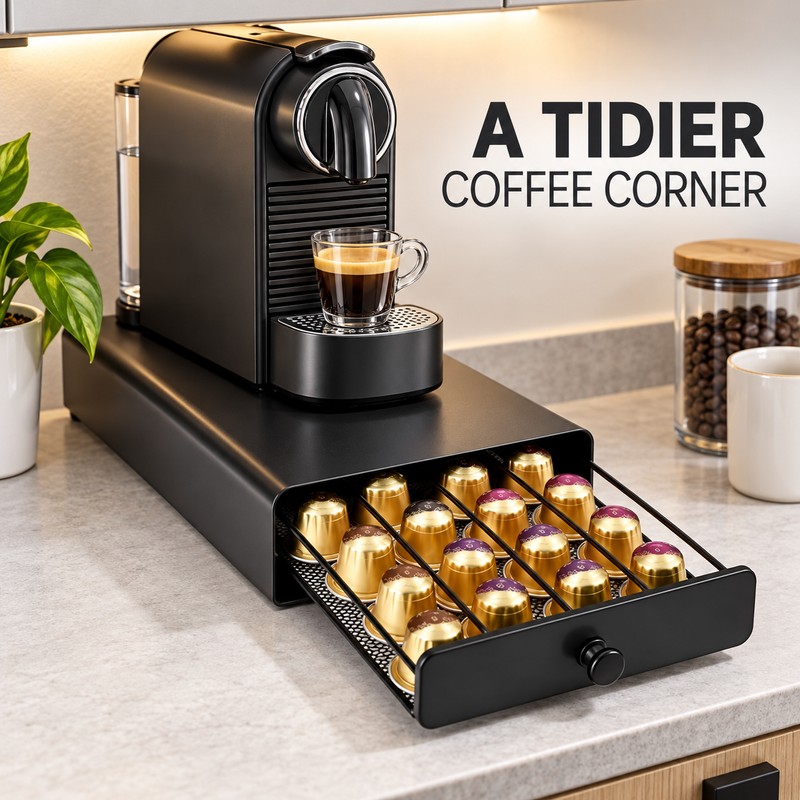 40-Pod Coffee Capsule Storage Drawer for Nespresso OriginalLine, Metal Countertop