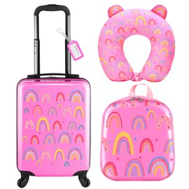 Sanwuta 4 Pcs Kids Luggage Set Kids Backpack Rolling Suitcase with Wheels U-shaped Pillow for Girls Boys Travel Luggage Set(17 Inch,Rainbow Style,Pink)