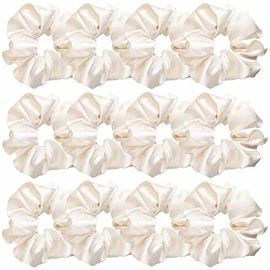 12 Pcs Satin Silk Scrunchies, Hair Ties, Hair Bands, Bow Ropes, Elastic Bracelets, Ponytail Holders, Hair Accessories for Women and Girls (4.5 Inch, Pearl White)