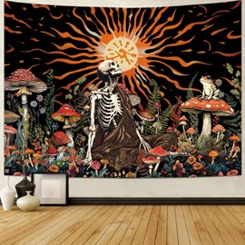 Amonercvita Skull Tapestry Vintage Mushroom Tapestry Floral Skeleton Wall Hanging Aesthetic Sun Wall Tapestry Jungle Plants Wall Decor for Living Room