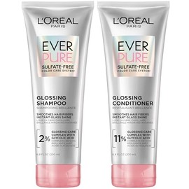 L'Oreal Paris Glossing Sulfate Free Shampoo and Conditioner Set with Glycolic Acid, Hair Care for Lasting Shine and Smoothness for Dull, Dry Hair, EverPure, 1 Kit