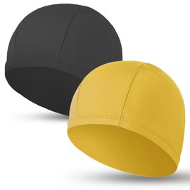 2pcs Cloth Swim Caps for Both Women & Men & Kids Fabric Durable Non-Waterproof Elastic Swimming Pool Cap Bathing Cap for Long and Short Hair (Black&Yellow)