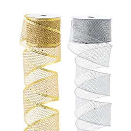 PH PandaHall 19.6 Yards Gold Silver Glitter Mesh Wired Ribbon Sparkling Ribbons, 2.5 inch Mesh Net Wired Ribbons for Gift Wrapping Bow Making Home Holiday Party Decoration