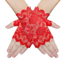 PPhtony Women Short Lace Gloves 1920s Opera Evening Wedding Sunblock Fingerless Bridal Floral Gloves for Girls (Red)