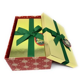 The Seasonal Shop 3 Christmas Gift Boxes Nesting Stacked Rectangle Boxes with Lids, Bows, and Holiday Tags in Assorted Sizes for Holiday Decoration or Decorative Present Wrapping (Shiny Gold)