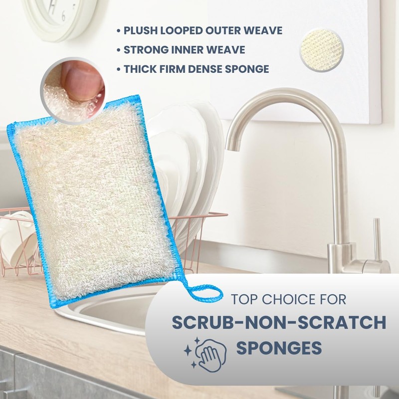 Whiffkitch Bamboo Fiber Sponges 4-Pack - Scrub-Non-Scratch, Reusable, Washable, Extra