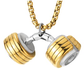 COOLSTEELANDBEYOND Man's Stainless Steel Silver Gold Two-tone Barbell Dumbbell Pendant Necklace with 28 in Wheat Chain