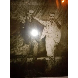 Outlaws Frank and Jesse James sepia tone print, outlaws laughing