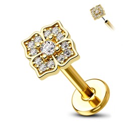 COCHARM 14K Solid Gold Threadless Helix Earring Stud Leaves Flat Back Cartilage Earring Stud 16g Yellow Gold Push in Cartilage Piercing 8mm Gold Square Cartilage Jewelry