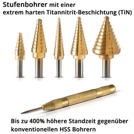 STAHLWERK HSS Step Drill/Taper Drill Bit Set 6 Pieces with TiN Coating, Countersunk Drill/Metal Drill with Automatic Centre Punch and Aluminium Case