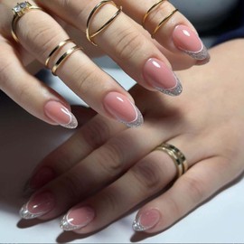 Gifiky Short Almond Press on Nails Nude Fake Nails French Nails Tips Full Cover Bling False Nails for Women and Girls 24Pcs