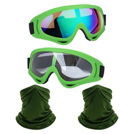LJDJ Motorcycle Goggles,2 Pack Dirt Bike ATV Motocross Riding Hiking Protective with 2 Pack Neck Breathable Bandana Mask (Green/Clear+Colorful Lenses)