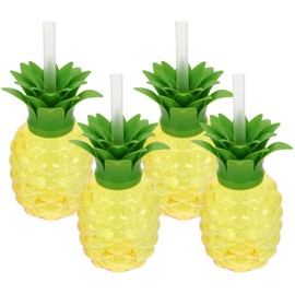 Pineapple Cups 4Pcs Pineapple Shaped Plastic Cups Reusable Drinking Mugs with Lids & Straws for Hawaii Luau Birthdays Party Supplies Pineapple Cups with Straws