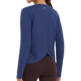 baleaf Women's Long Sleeve Workout Tops Athletic Shirts Split Back Running Gym Quick Dry Sun Protection UPF 50+ Navy Blue M