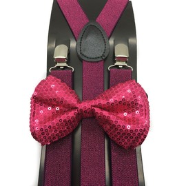 Dark Pink Color Mens & Women Wedding Accessories Sequin Adjustable Bow Tie & Glitter Suspenders