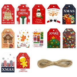 Qiuyan 48 PCS Xmas Gift Tags Christmas Labels with Jute String Christmas Name Tags for Presents Wrapping and Tree Decoration (12 Styles)