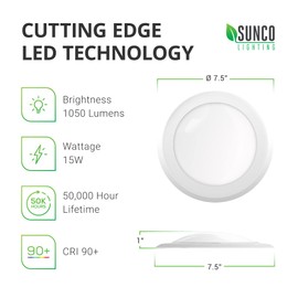 Sunco 4 Pack 5/6” LED Disk Lights Flush Mount Ceiling Light Fixture Recessed 5000K Daylight, 15W, 1050LM, Dimmable Low Profile Surface Mount ETL & Energy Star Listed