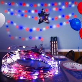4th of July Decorations - Red, White, & Blue Fairy String Lights (2 Pack) - 66ft / 20 m - Patriotic LED Indoor/Outdoor Decor for American Independence Day, Summer Pool Parties, BBQs, Bedroom, & Garden
