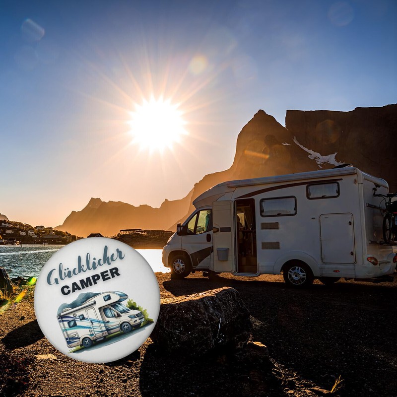 Motorhome Magnet Round with Saying Happy Camper Caravan Companion Pendant