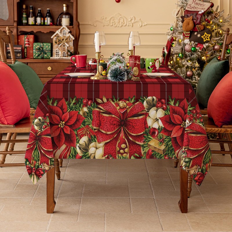 Softalker Christmas Rectangle Tablecloth Red Checkered Flower Xmas Table Cloths,