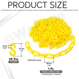 Wokape 1Pcs 5M x 6mm/ 16.5 Ft x 0.23 Inch Yellow Plastic Chain, Safety Chain Barrier with 20 Connector Hooks for Crowd Control Traffic Control Parking Space Management