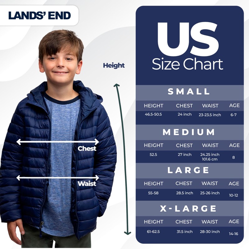 Lands' End Kids Full Zip Lightweight Thermoplume Hooded Jacket, Navy,