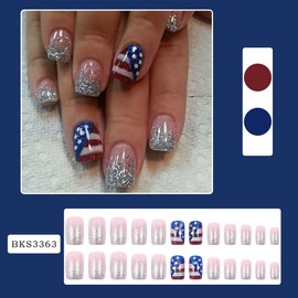 24Pcs 4th of July Press on Nails Short Square Fake Nails Silver Glitter French Tip False Nails Independence Day Artificial Nails American Flag Stick on Nails Glossy Full Cover Glue on Nails for Women